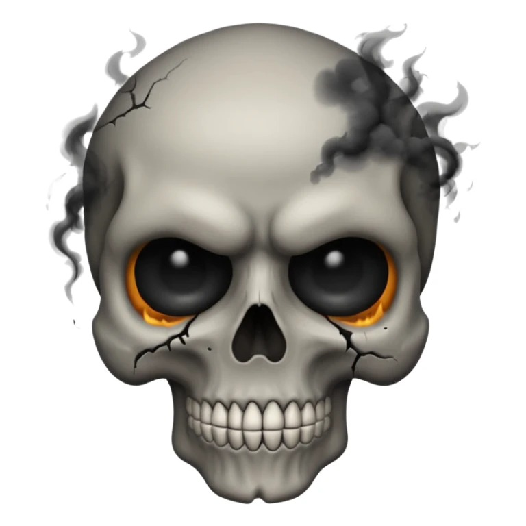 iOS style emoji, dark fantasy skull, cracks, black smoke from eyes, soft light, stylized sticker