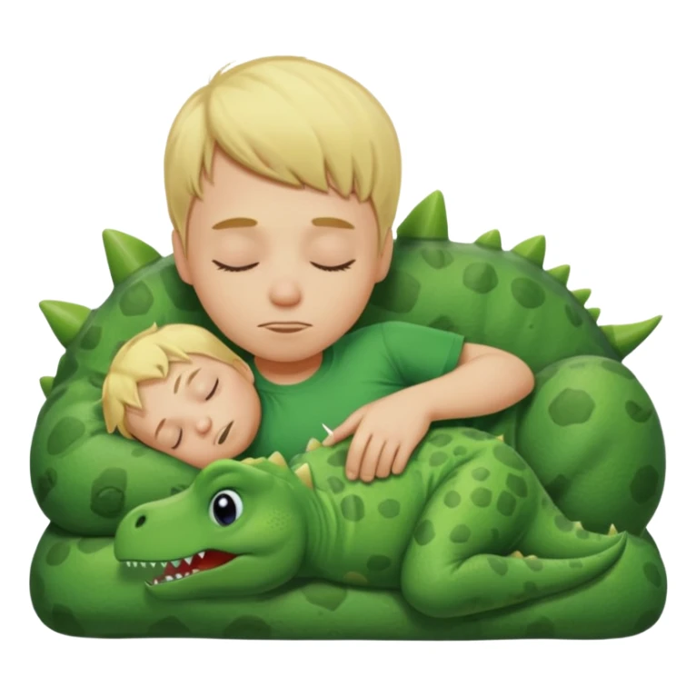 Blond boy sleeping wearing green dinosaur t-shirt sticker