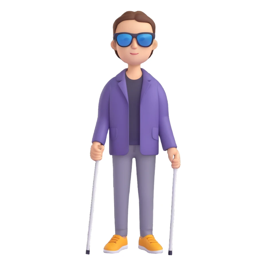A blind person walking with a white cane, wearing sunglasses, outdoors, daytime. Focus on the cane and posture that indicates visual impairment. sticker