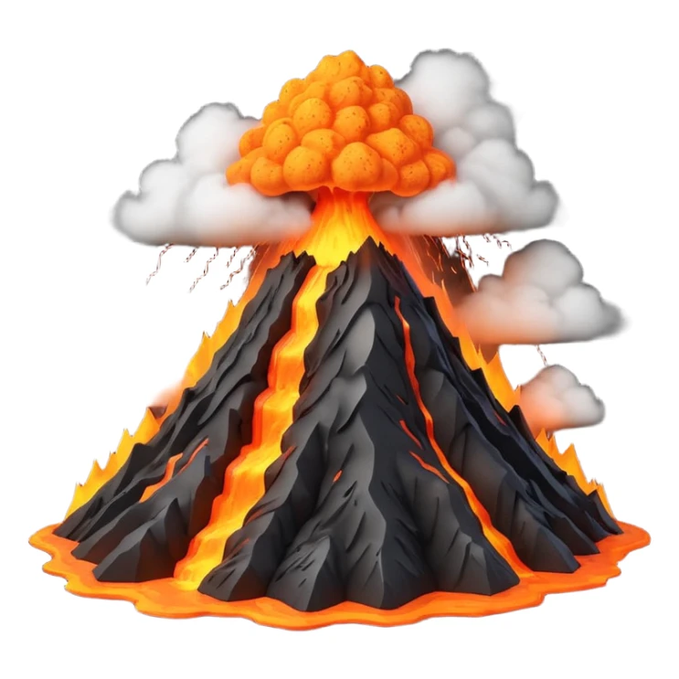 3D render of Volcano, miniature weather phenomenon, volumetric particle effects, mountain with orange lava and black ash smoke, elemental energy, emoji style, isolated on white background --v 6.0. sticker