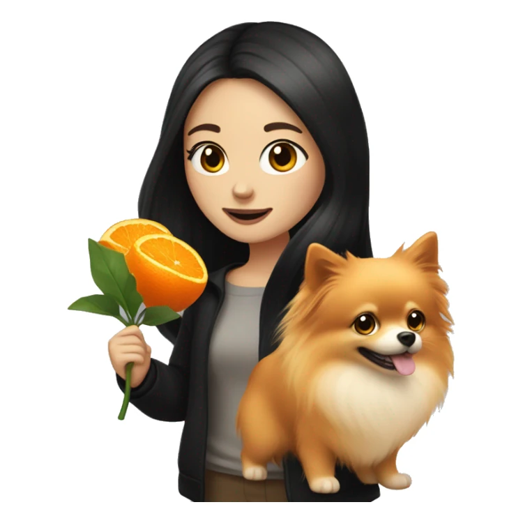 pale girl with long black hair walking with orange pomeranian sticker