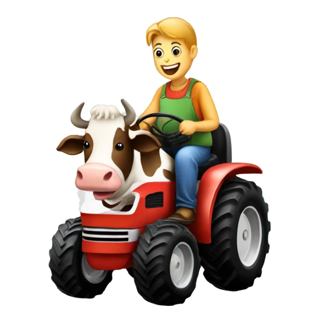 A cow riding a tractor eating a burger sticker