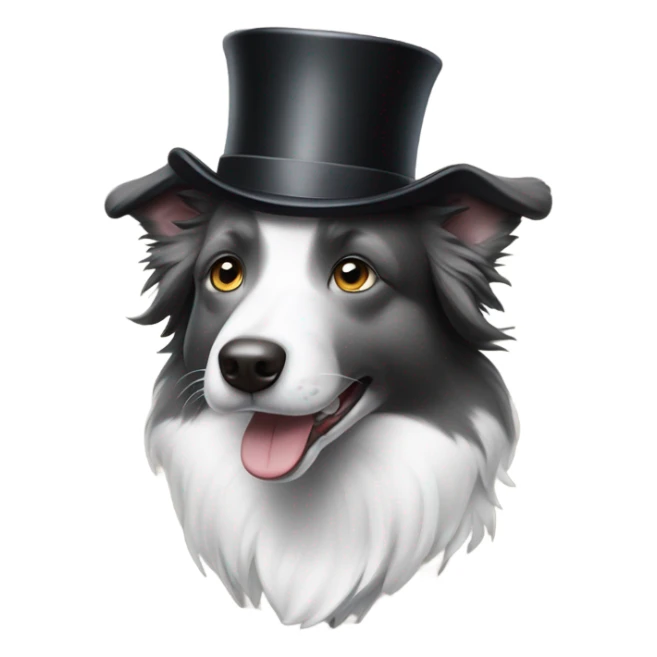 Grey and white border collie wearing a top hat and a monocle sticker