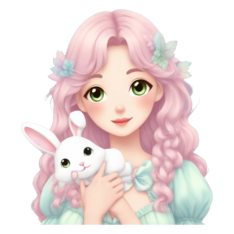 Gorgeous pastel anime style lady with blushing face and holding a bunny cottagecore fairycore pastelcore colorful pearly romantic simplistic aesthetic trending style sticker