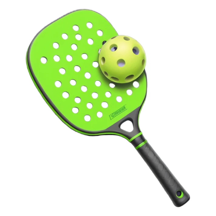 Modern Pickleball paddle graphite without holes, dark grey. 1 Pickleball ball beside or on top the paddle florescent green at 45 degrees sticker