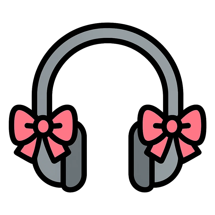 gray headphones with slightly larger light pink bows, color outline icon style sticker