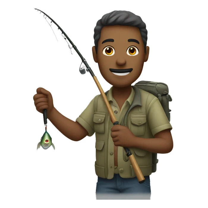 man holding fishing rod hooked with fish sticker