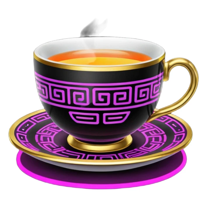  Unrealistic cyberpunk neon colprs, expensive tea cup with black and 14k gold pattern print sticker