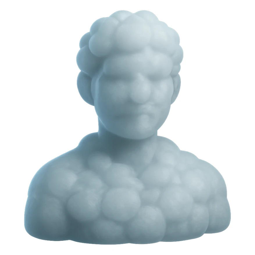 person looking straight, fully composed of white fluffy convex clouds, shoulder up sticker