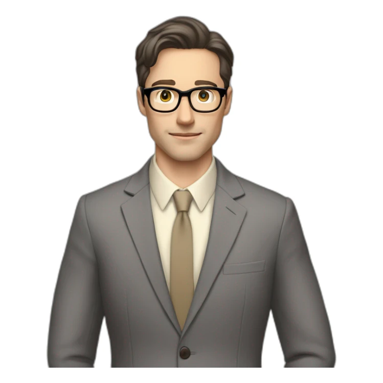 Full height Pale skinned Fit Man With dark brown hair in classic gray suit, beige office shirt, dark gray tie, and vintage glasses. Thrumbs of his palms directed up sticker