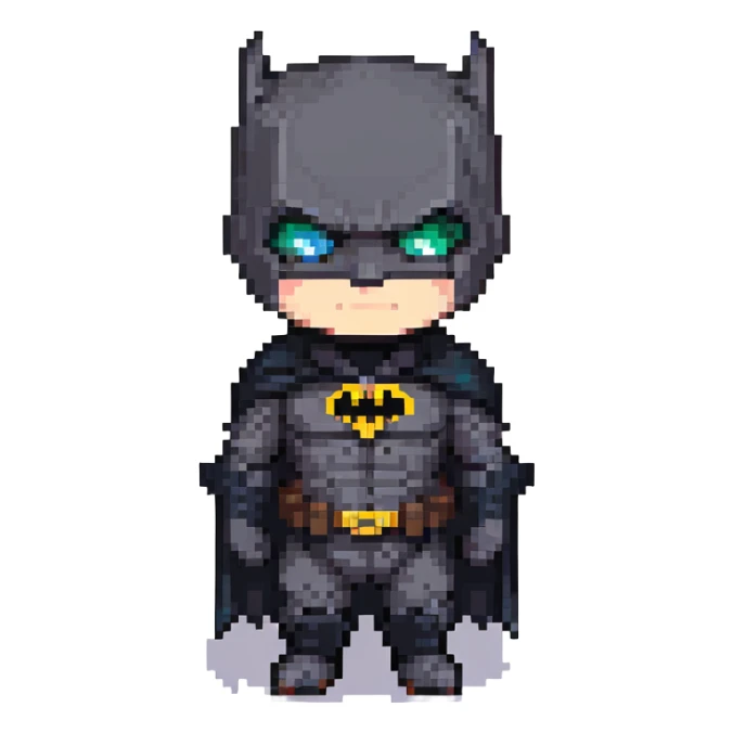 Chibi Batman in pixel art style, cute proportions, black suit sticker