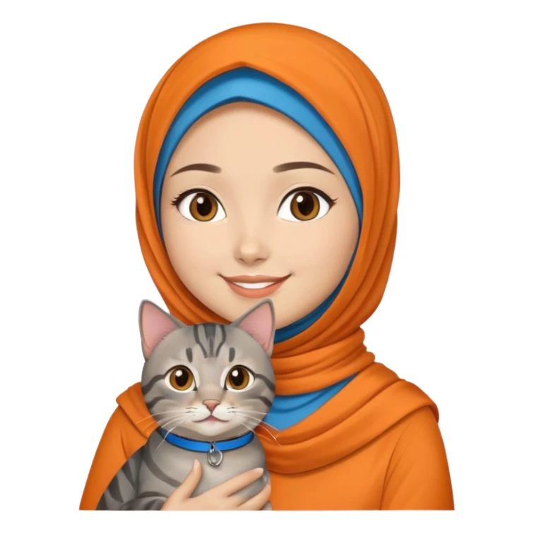 Asian White girl wearing orange hijab holding a black grey tabby cat while smiling. The cat is wearing a blue collar sticker