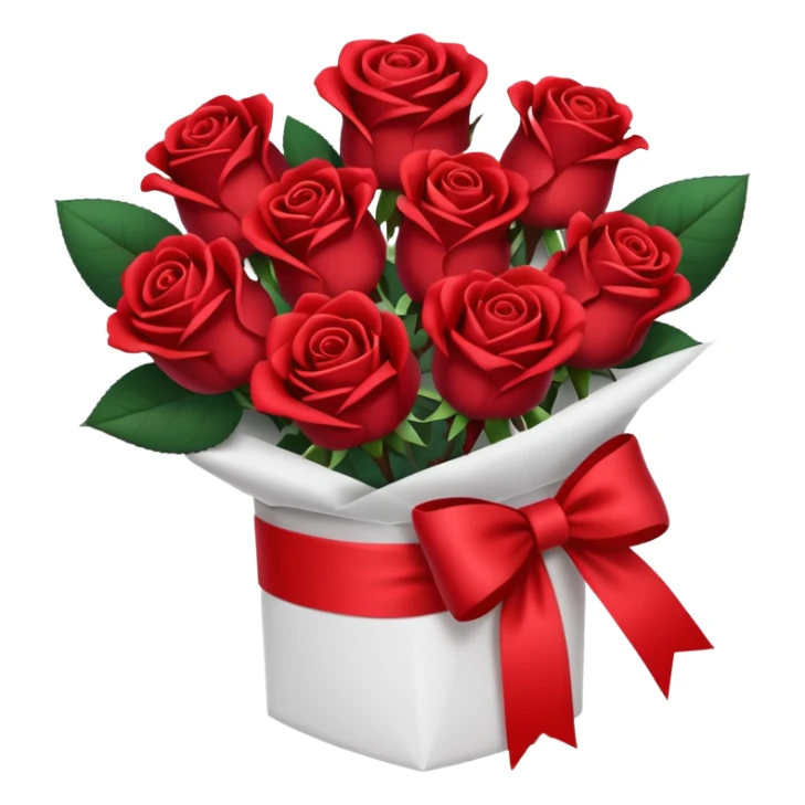 Dark red bouquet of roses wrapped in white wrapping paper with red bow sticker