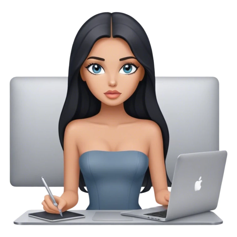 Glamours tanned very beautiful girl with pump peach lips and black straight smooth long hair, blue-grey eyes in grey strapless bodysuit with one MacBook in office sticker