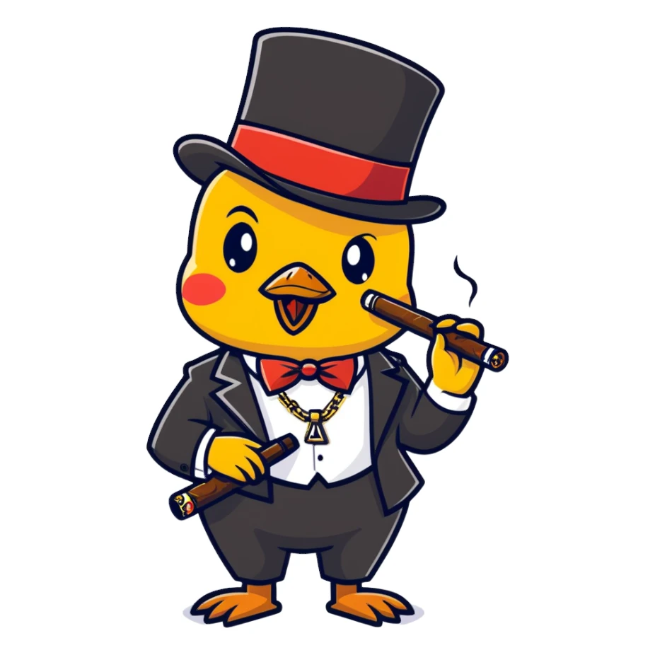 Short Black chick with cigar in mouth with top hat and gold chain with diamonds holding an Al-47 sticker