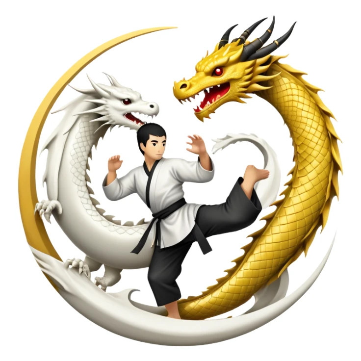 An icon symbolizing Eastern martial arts in the style of an emblem, featuring a black-and-white Yin-Yang symbol and a dragon at the center. A martial artist is performing a fluid kick, surrounded by elements like a dojo and bamboo. Transparent background highlights balance and power. sticker