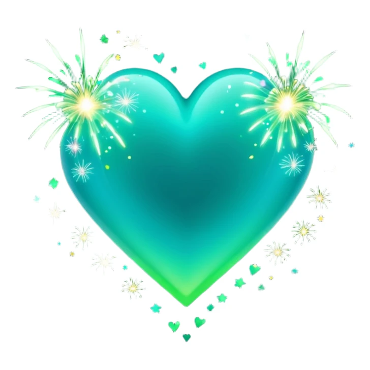 emoji: teal and neon green gradient heart with sparklers and firework confetti from behind. sticker