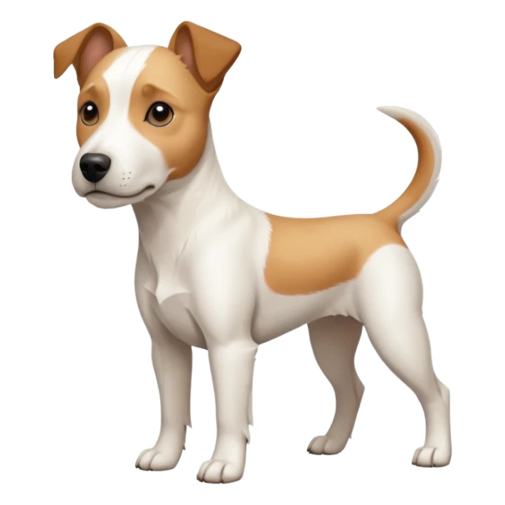 a full body facing front on of a buff white parson russell terrier looking dog the size of a kelpie with light brown long ears resting on its face and a light brown patch on one eye and a large snout. the rest of the dog is completely white.  sticker