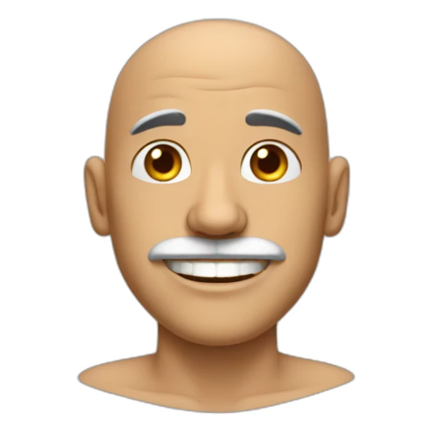 Bald man with big mustache and tan skin and a big smile and sticker