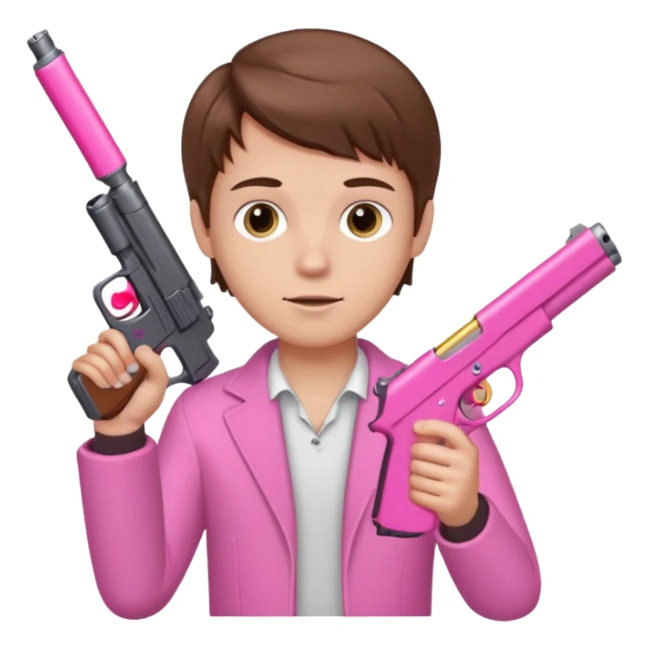 White boy brown hair hand  holding pink gun sticker