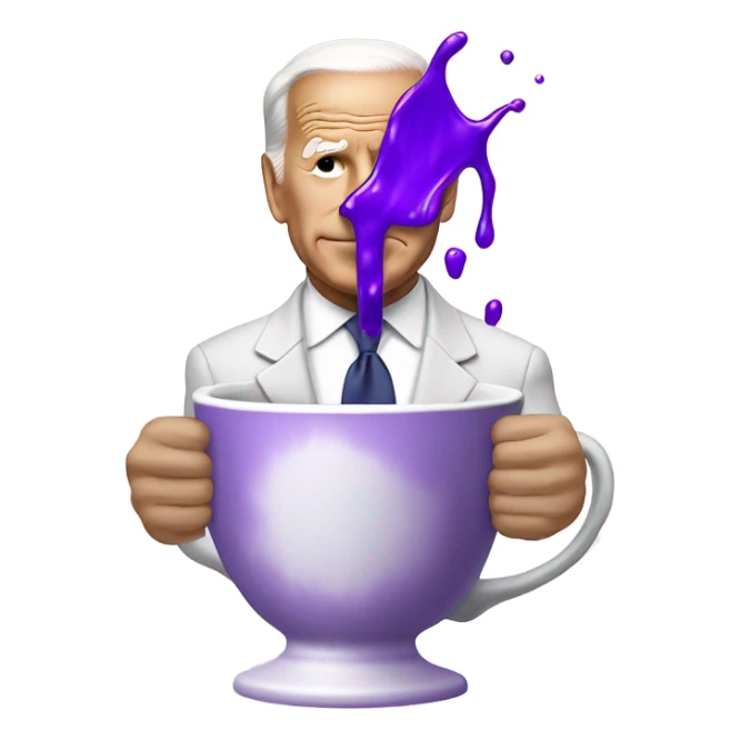 biden with purple liquid spilling in white cup sticker