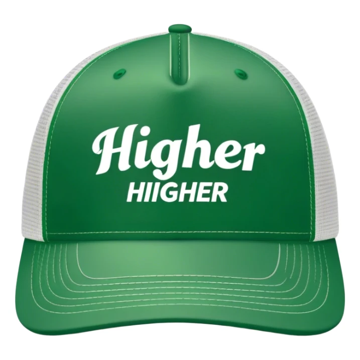 green higher trucker hat with center text "HIGHER" written on it,  white center sticker