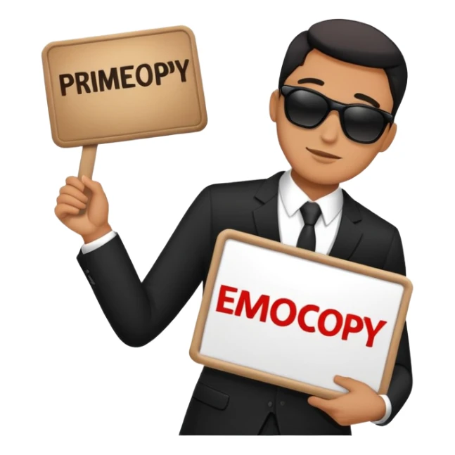 A man in a black suit and black sunglasses holds a sign that says PrimeCopy sticker