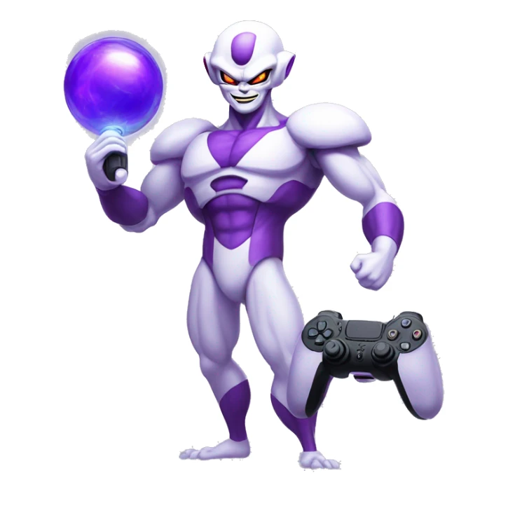 Purple Frieza holding a ps5 controller, iOS style emoji  sticker