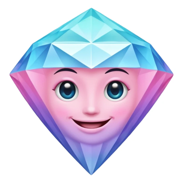A cheerful diamond logo with a black outline and a smiling face, set against a pastel gradient of pink, blue, and lavender. Smaller diamonds surround it, forming a larger diamond pattern. Playful yet sleek, perfect for branding, digital media, sticker