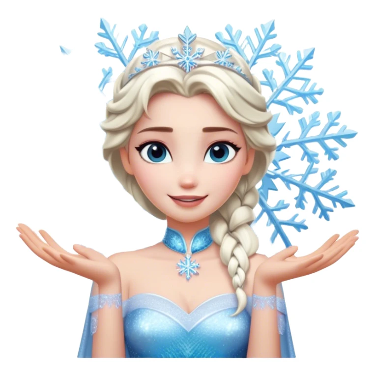 Cinematic Elegant Elsa Portrait Emoji, Standing gracefully with snowflakes forming in her hands, a soft yet confident smile, frosty shimmer surrounding her, a queen in perfect icy splendor! sticker
