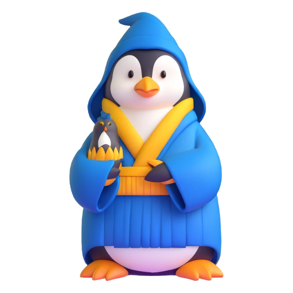 A penguin wizard with a serious expression, wearing a dark blue robe, hands clasped together sticker