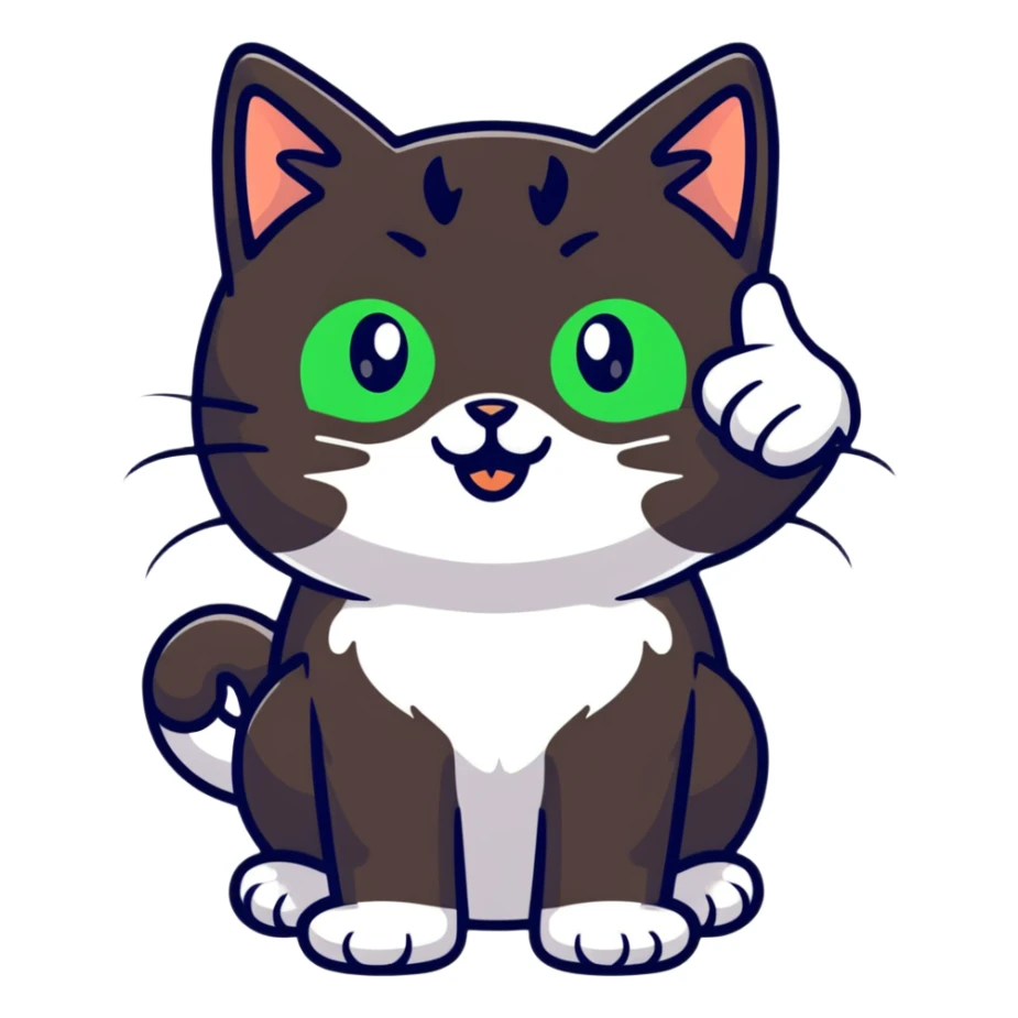tricolor fluffy cat with big green eyes giving thumbs up sticker