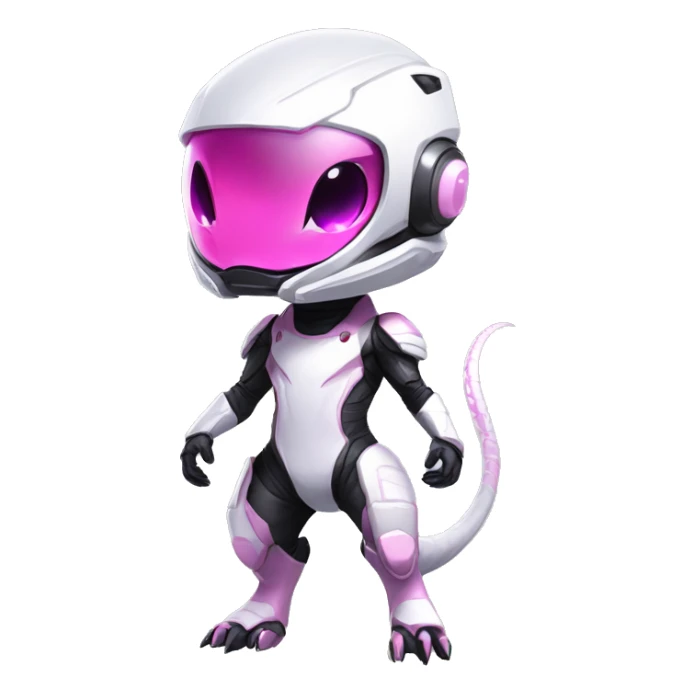 White, Chibi, White body, Anthro-Sona-Lizard-Alien-Salazzle-Mew-Fakémon, with pink eyes, with a futuristic visor-helmet, techwear suit, Full Body sticker