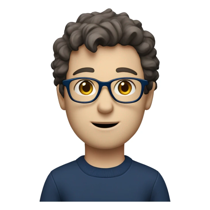 caucasian white boy with dark wavy  hair, blue glasses, and carrying design paper plan because he is an architect carrying a pencil and a set model maquette. wearing a navy blue long sleeve sweater shirt. smart.  sticker