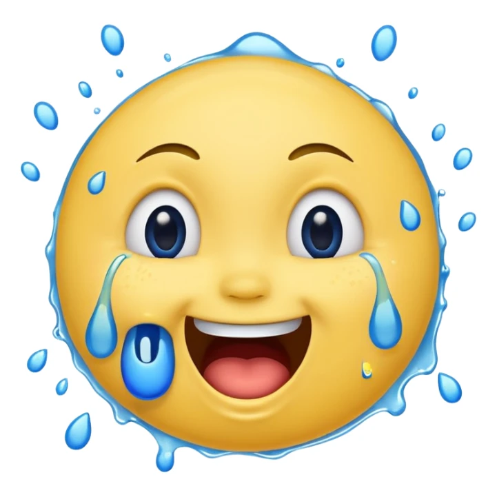 Emoji, yellow round laughing face, open mouth with Splashing blue tears from the eyes sticker