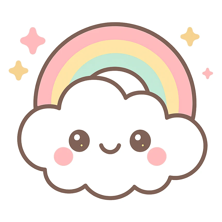 happy cloud with a rainbow and sparkles, kawaii style sticker