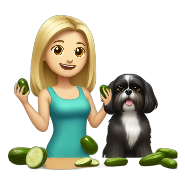 white woman with black long straight hair dancing salsa while eating pickles with a shih tzu dog sticker