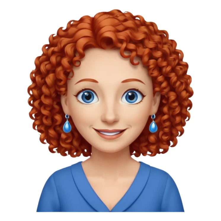 una profesora mayor simpática con el pelo rojo rizado, ojos azules, vestido azul y pendientes azules hablando sticker