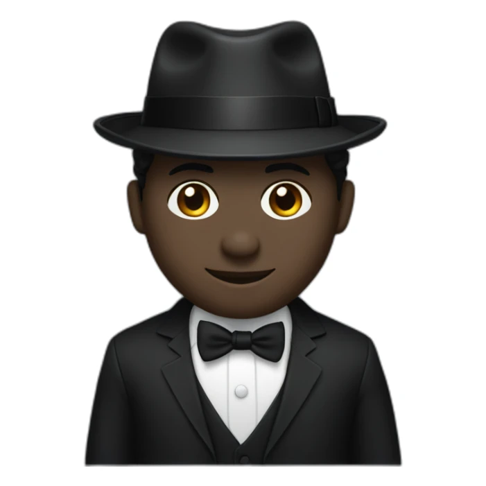 Man with cobalt black skin wearing a black formal suit with a black tie, wearing a fedora with a white band on it. sticker