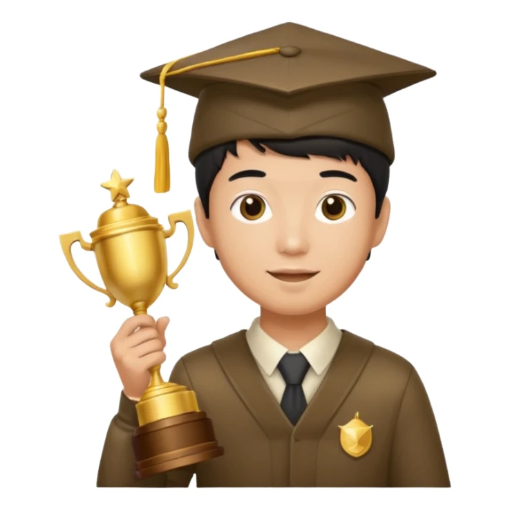An asian man wearing student hat, holding a trophey sticker