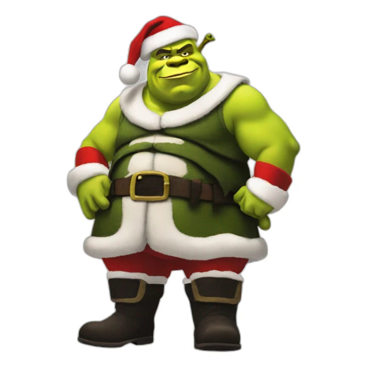 shrek as santa standing with black shoes with ak sticker
