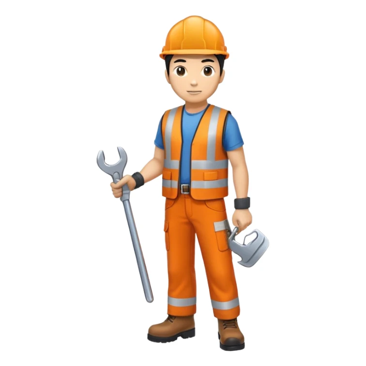 ASIAN RAILWAY ENGINEER ORANGE VEST, TROUSERS, BOOTS, WITH SPANNER sticker