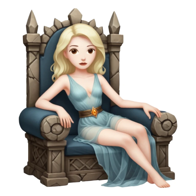 Woman reclining on a stone throne, sheer fabric, torchlight, dangerous sticker