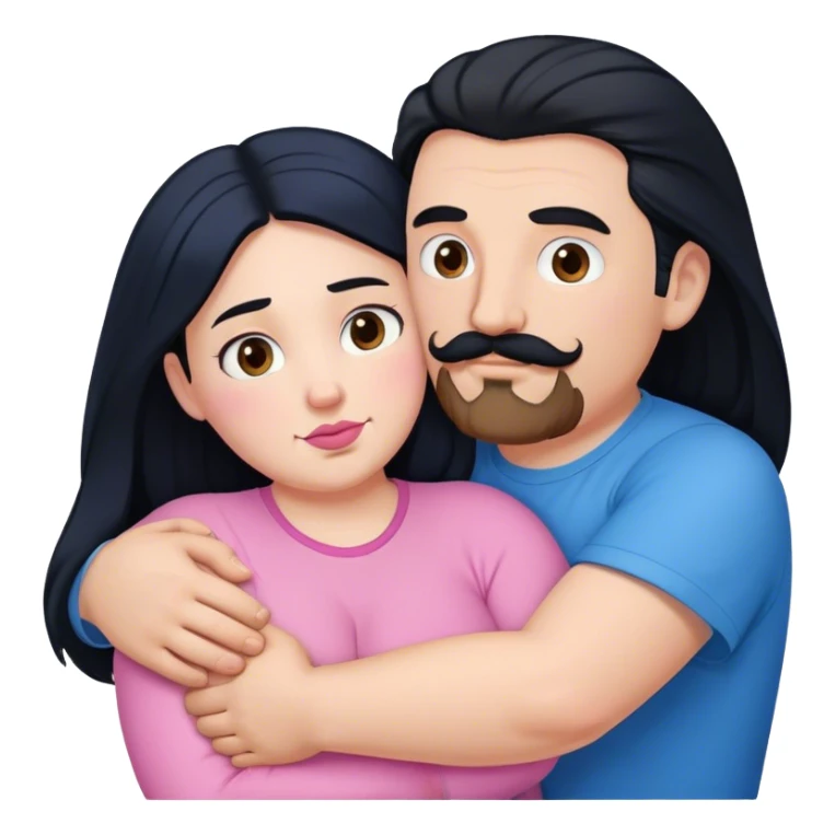Tall strong white man with brown mustache goatee wearing blue hugging a chubby short pale woman with long black hair wearing pink sticker