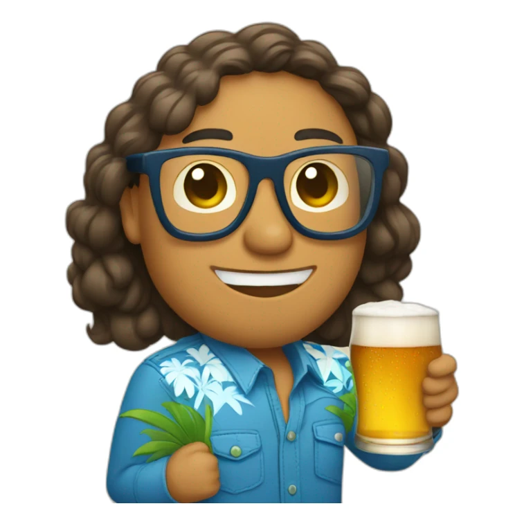 person wearing glasses alohashirt is holding beer sticker