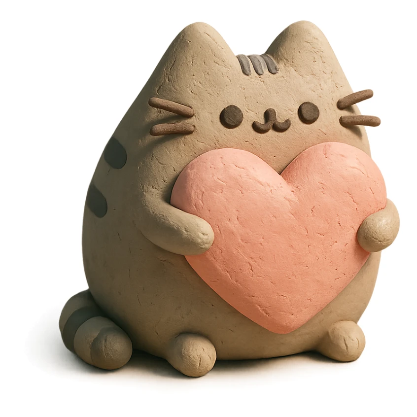 Pusheen hugging a big heart, pastel colors, adorable, claymation style sticker