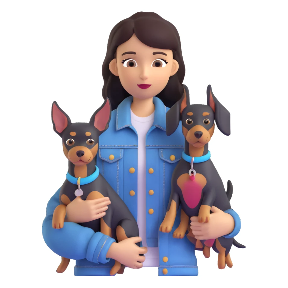 girl wearing denim jacket holding a Doberman sticker
