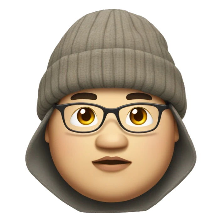 chubby asian dude wearing a Fishermans beanie and wearing large thin frame g sticker