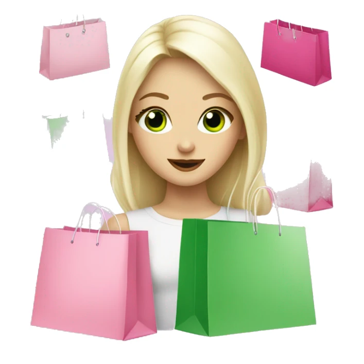 cute platinum blonde with green eyes surrounded by pink shopping bags sticker