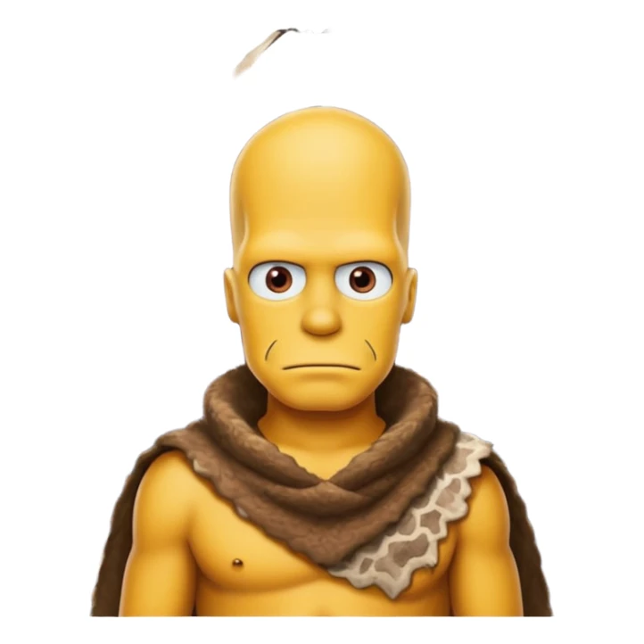 a simpson guy wearing ancient animal skin cloth with volcano behind, half body, icon sticker